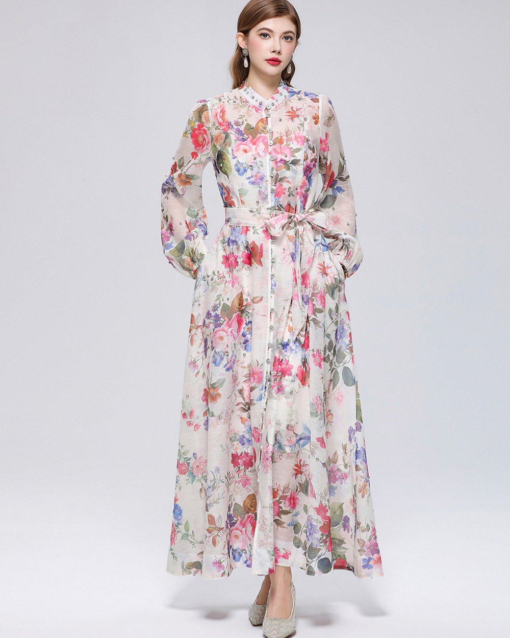 Cstand collar with sling pinched waist printing long sleeve dress