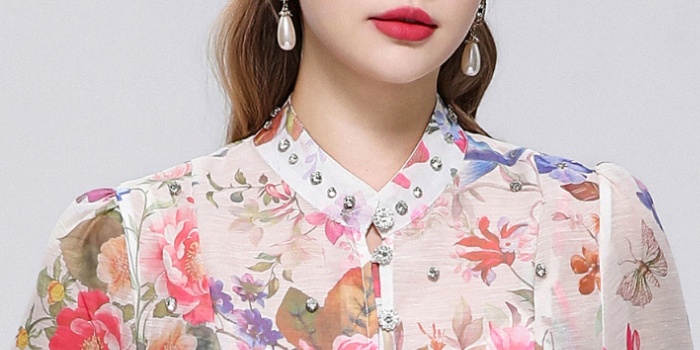 Cstand collar with sling pinched waist printing long sleeve dress