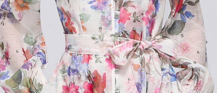 Cstand collar with sling pinched waist printing long sleeve dress