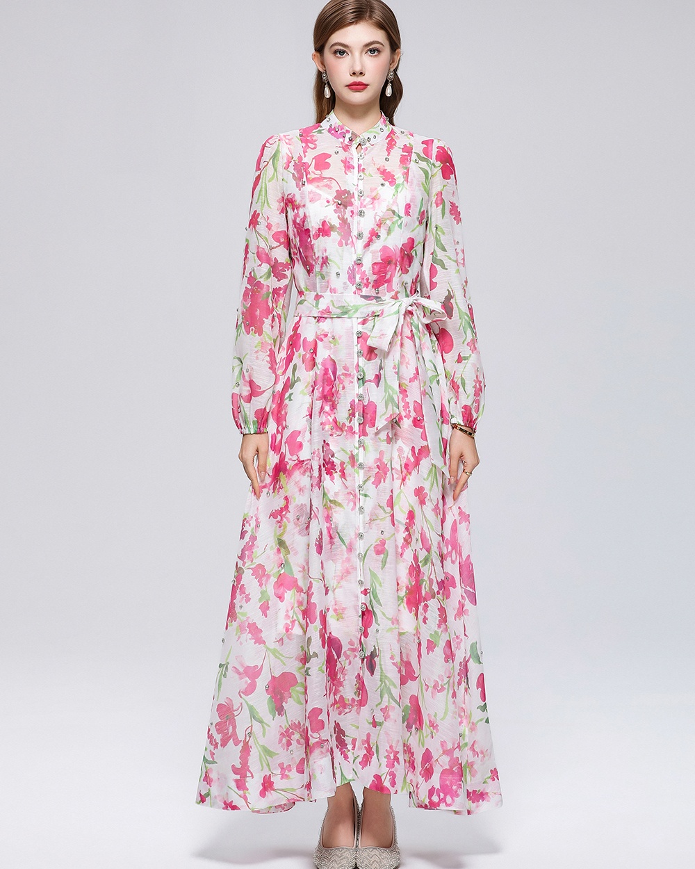 Long sleeve niche printing France style dress