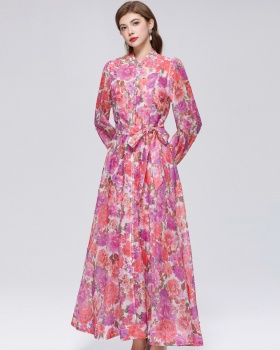 Big skirt printing France style pinched waist niche dress