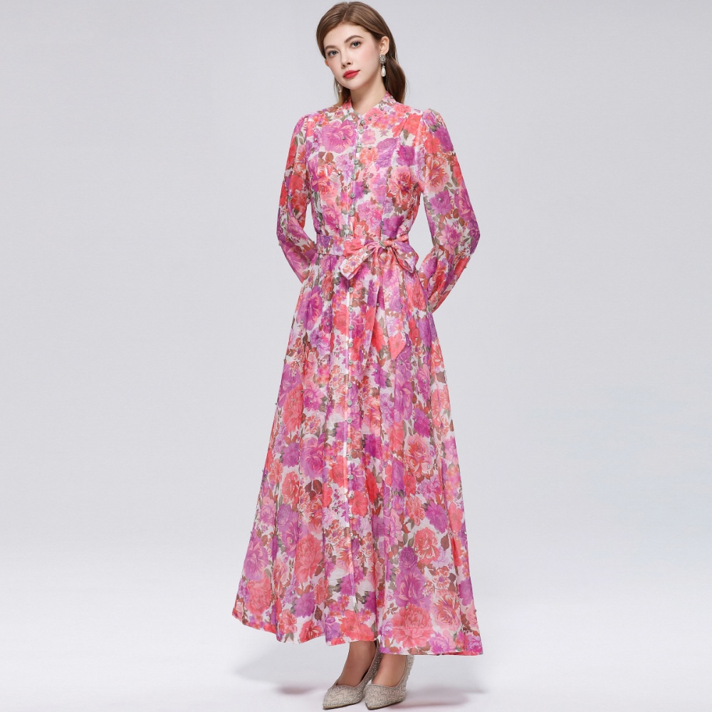 Big skirt printing France style pinched waist niche dress