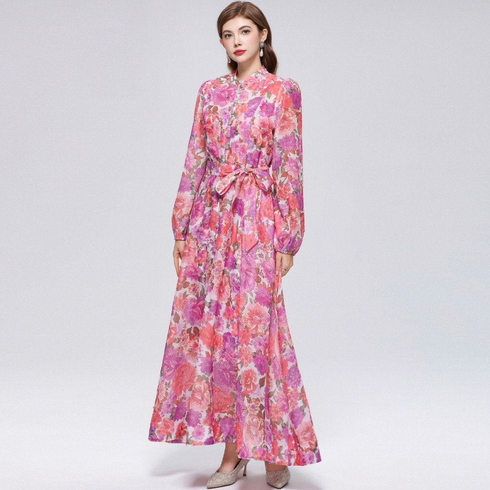 Big skirt printing France style pinched waist niche dress