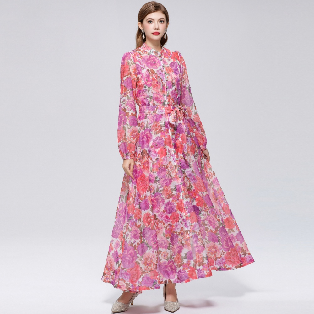 Big skirt printing France style pinched waist niche dress