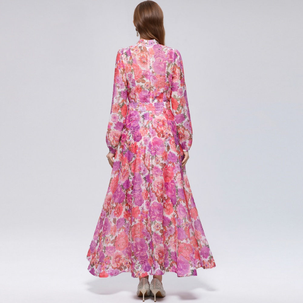 Big skirt printing France style pinched waist niche dress