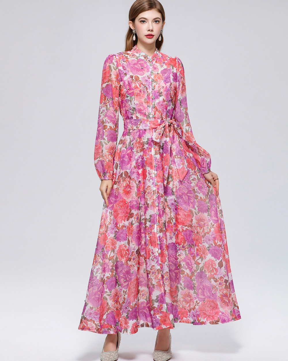 Big skirt printing France style pinched waist niche dress