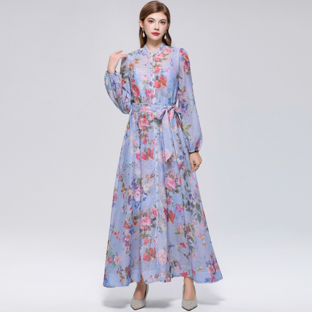 Long sleeve niche big skirt pinched waist printing dress
