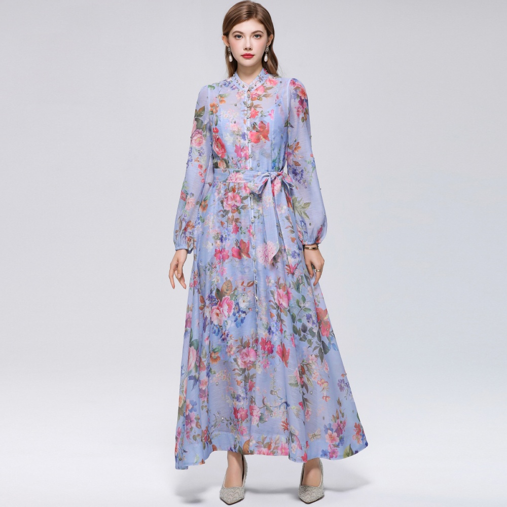 Long sleeve niche big skirt pinched waist printing dress