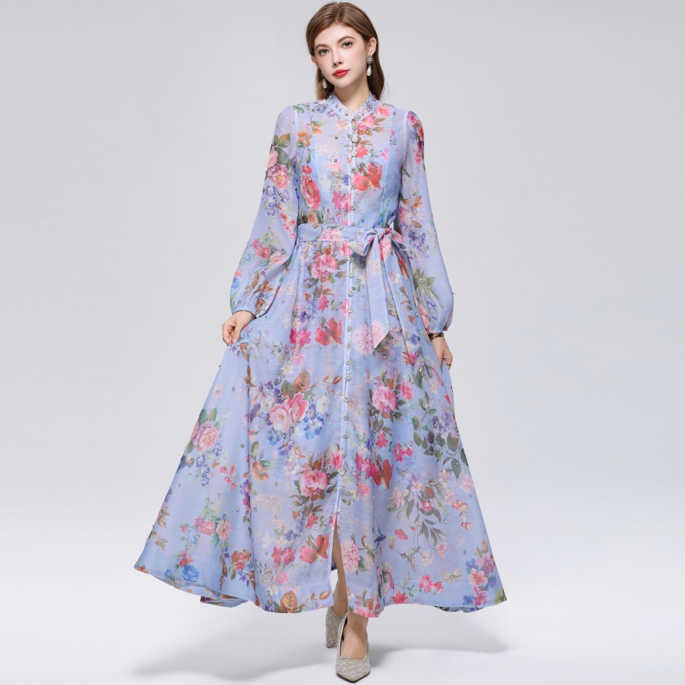 Long sleeve niche big skirt pinched waist printing dress