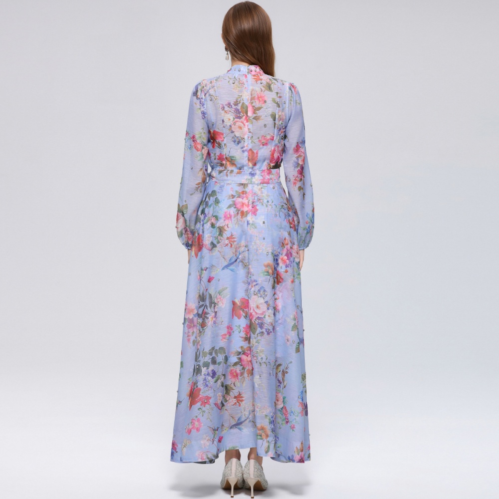 Long sleeve niche big skirt pinched waist printing dress