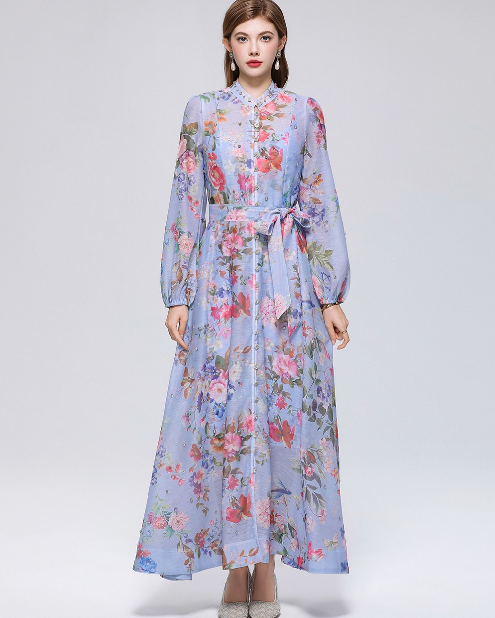 Long sleeve niche big skirt pinched waist printing dress
