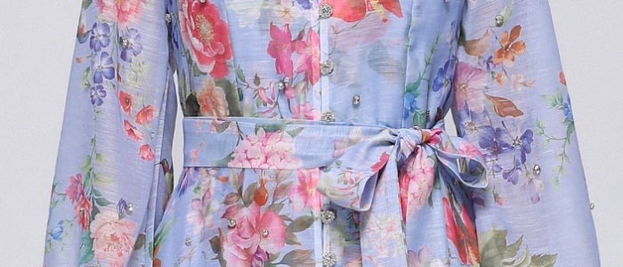 Long sleeve niche big skirt pinched waist printing dress