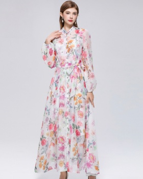 Cstand collar big skirt with sling niche long sleeve dress