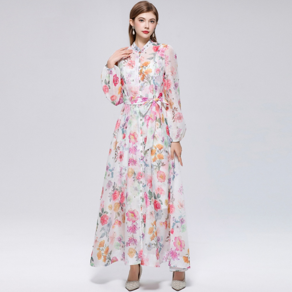 Cstand collar big skirt with sling niche long sleeve dress