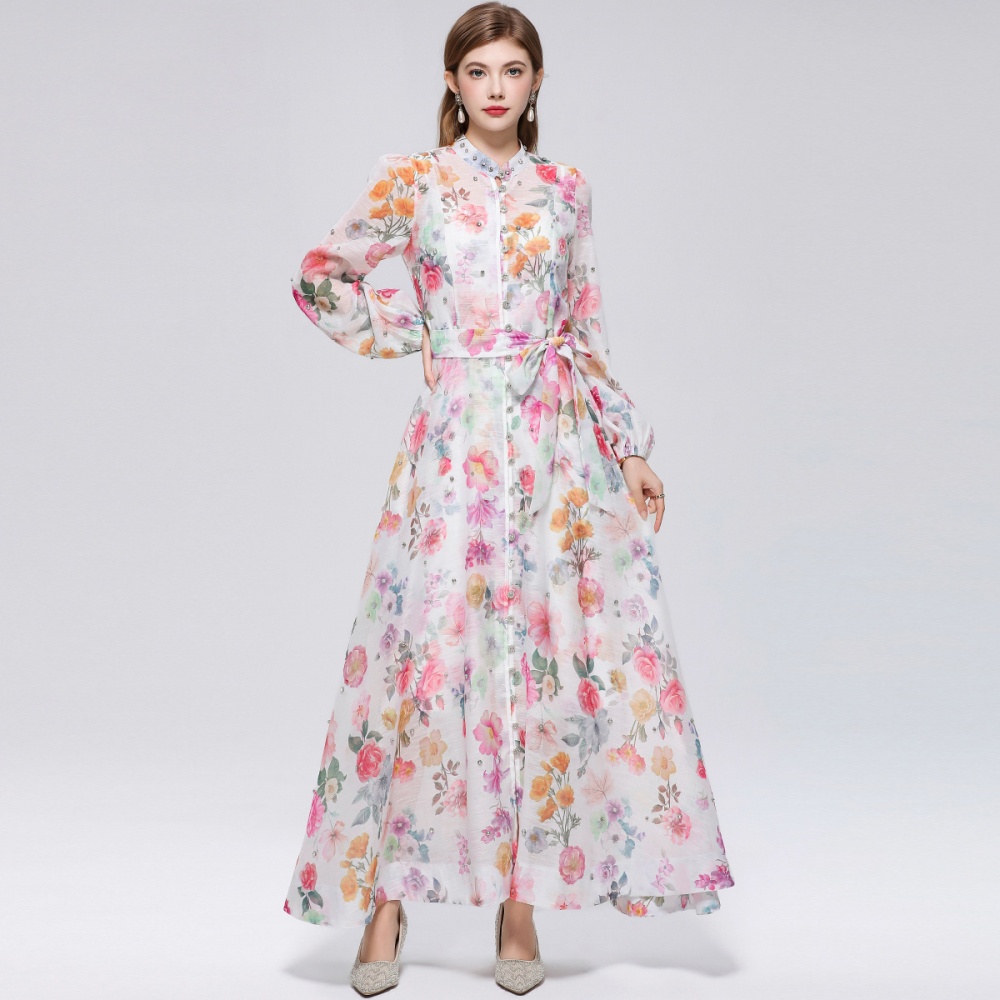 Cstand collar big skirt with sling niche long sleeve dress