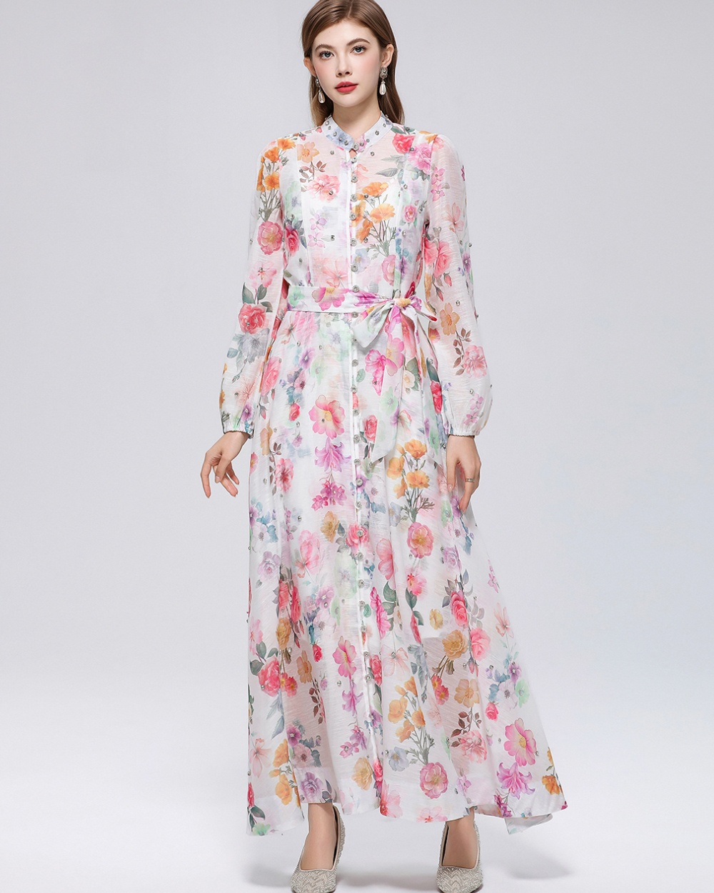 Cstand collar big skirt with sling niche long sleeve dress