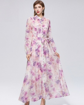 Cstand collar printing long sleeve with sling dress