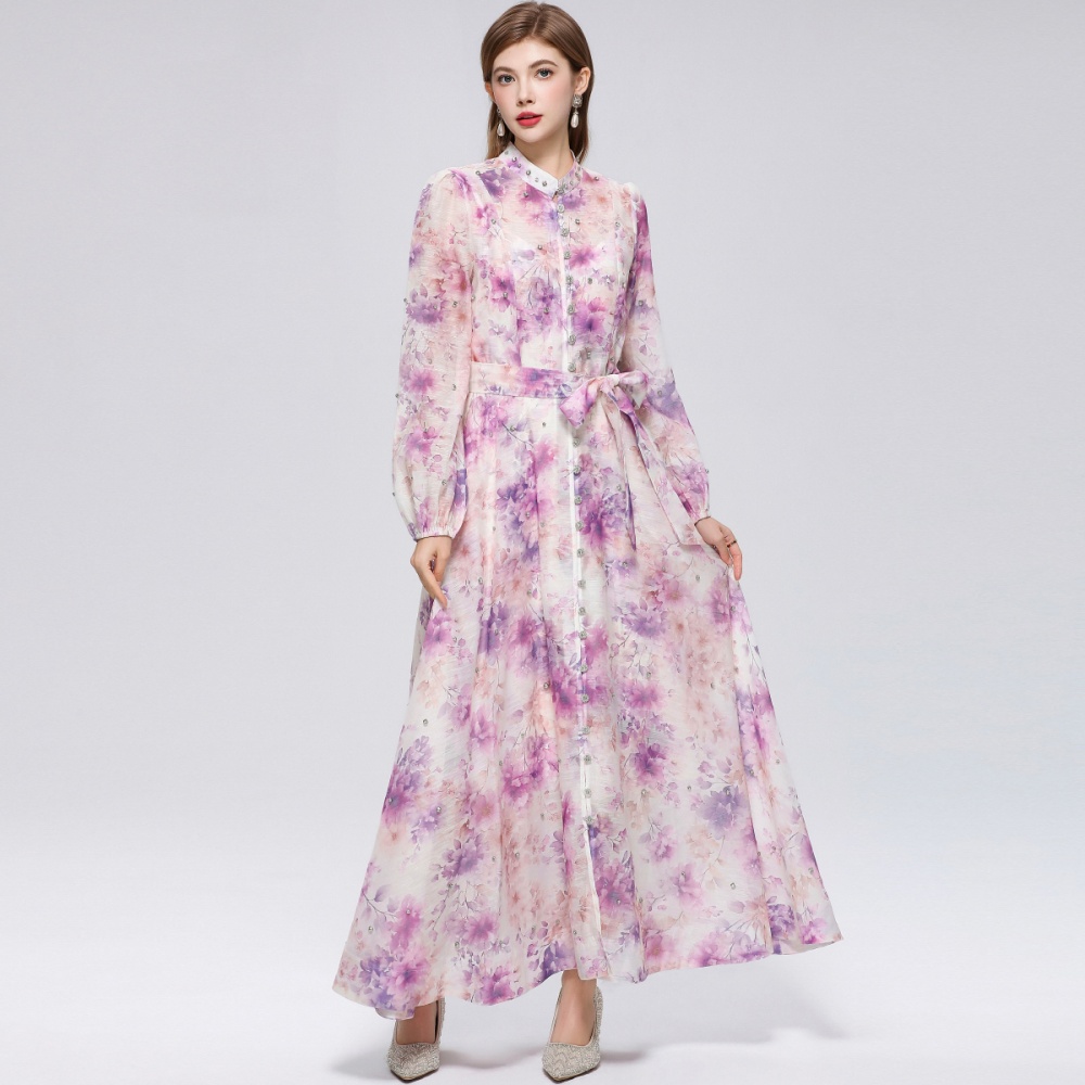 Cstand collar printing long sleeve with sling dress