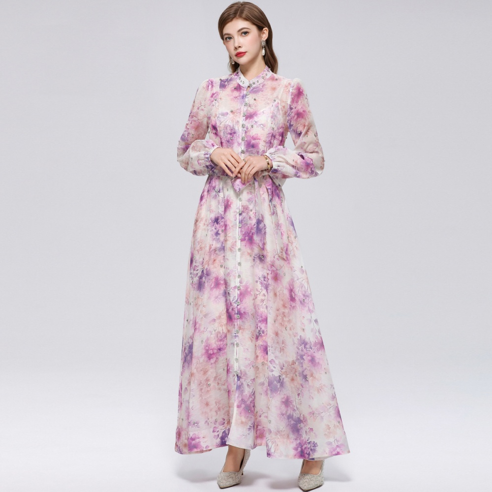 Cstand collar printing long sleeve with sling dress