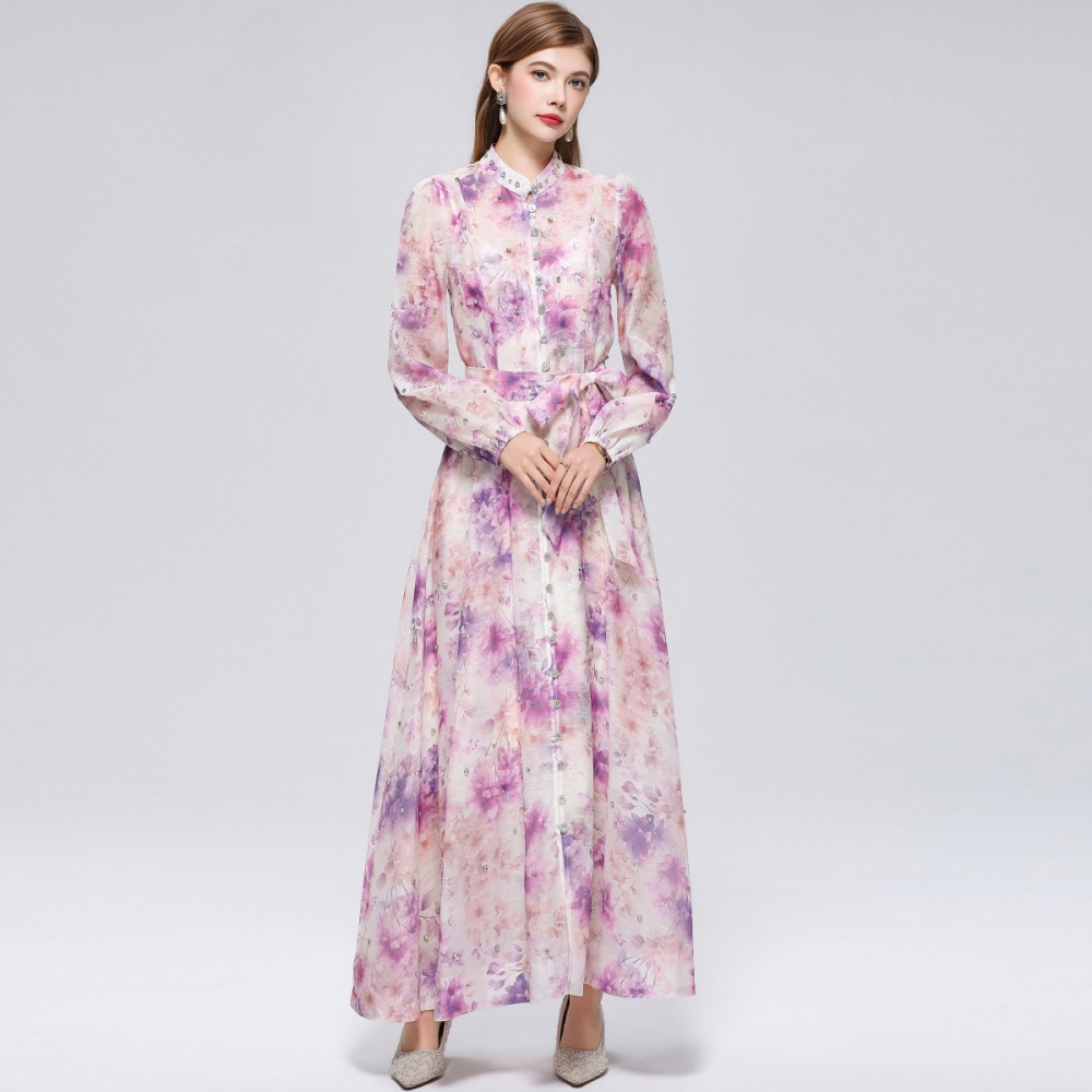 Cstand collar printing long sleeve with sling dress