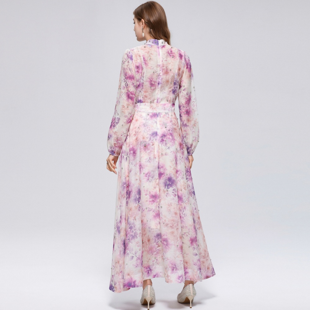 Cstand collar printing long sleeve with sling dress