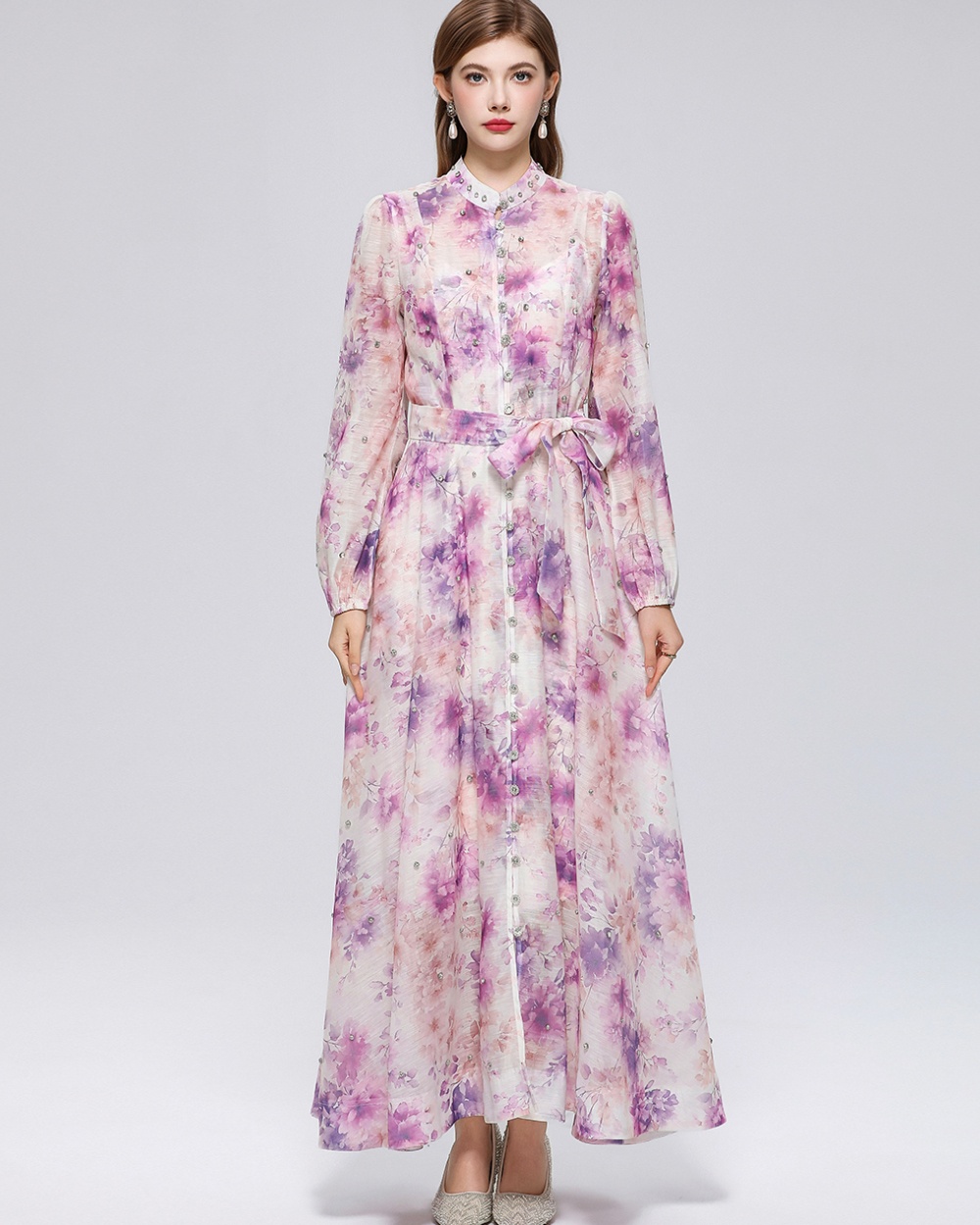 Cstand collar printing long sleeve with sling dress