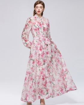 Long sleeve pinched waist niche France style printing dress