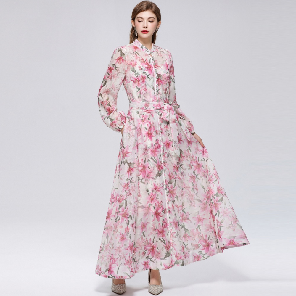 Long sleeve pinched waist niche France style printing dress