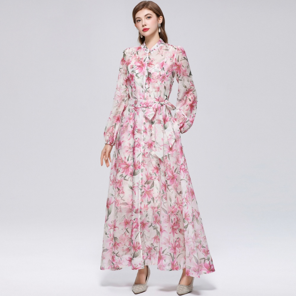 Long sleeve pinched waist niche France style printing dress