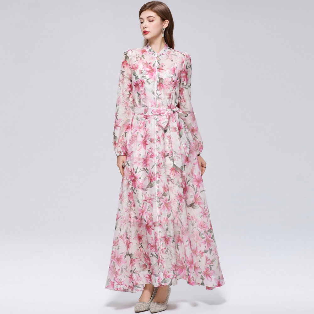 Long sleeve pinched waist niche France style printing dress