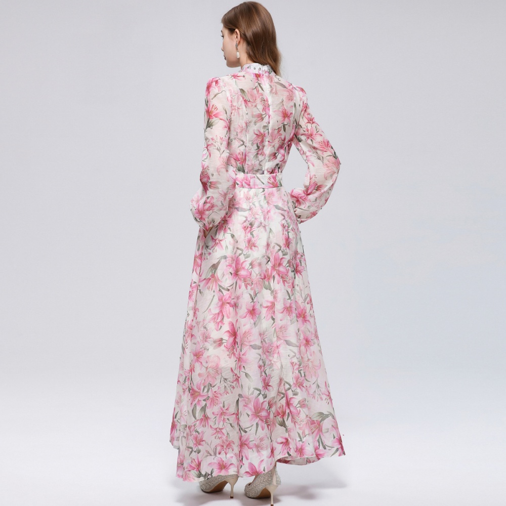 Long sleeve pinched waist niche France style printing dress