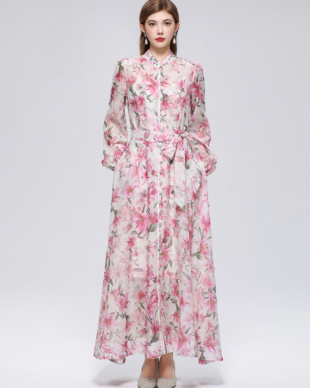 Long sleeve pinched waist niche France style printing dress