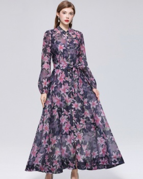 France style printing with sling pinched waist dress