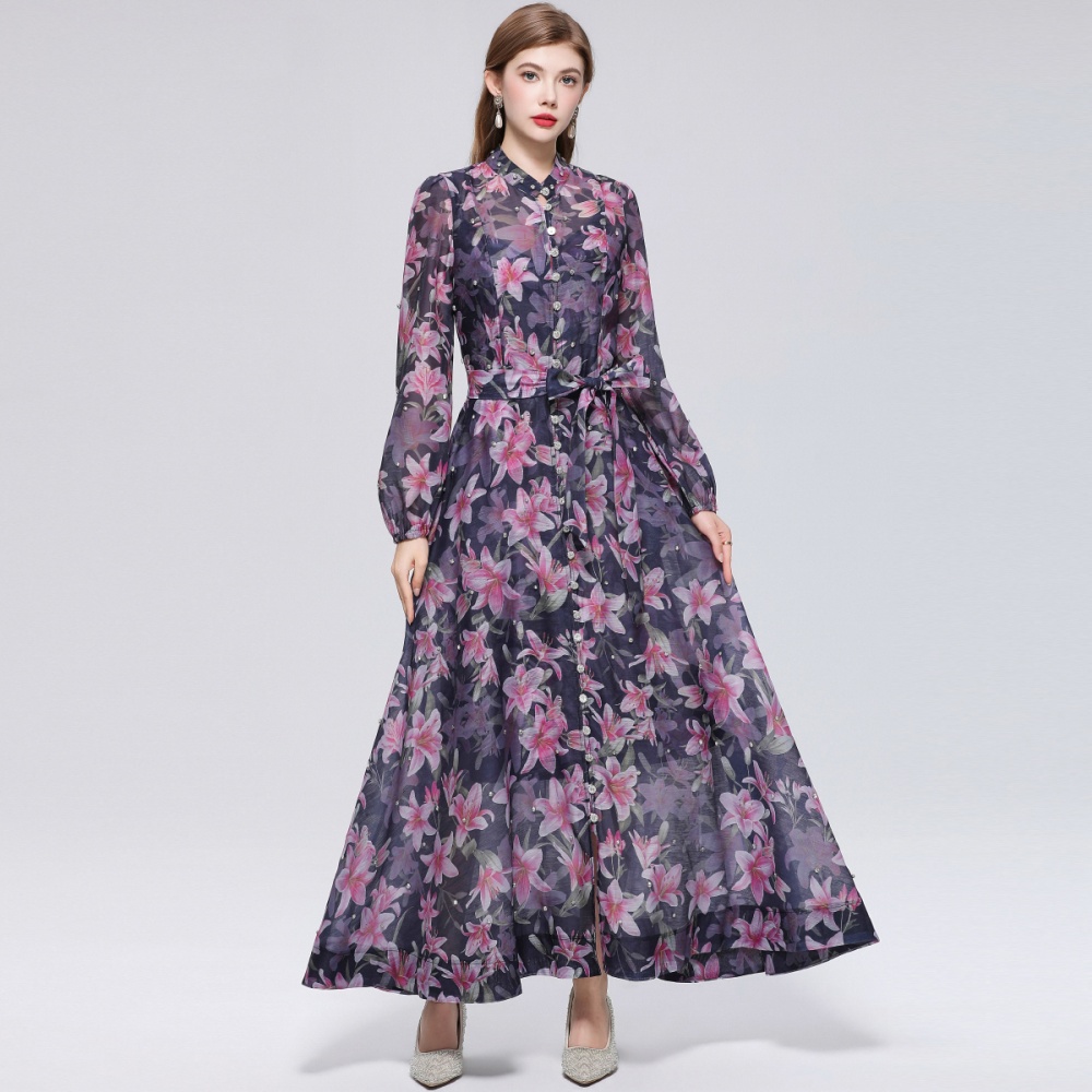 France style printing with sling pinched waist dress