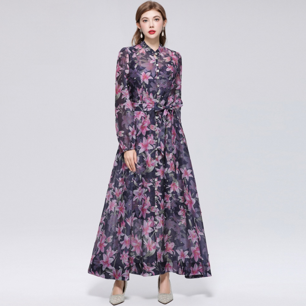 France style printing with sling pinched waist dress