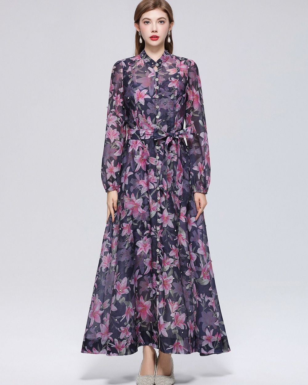 France style printing with sling pinched waist dress