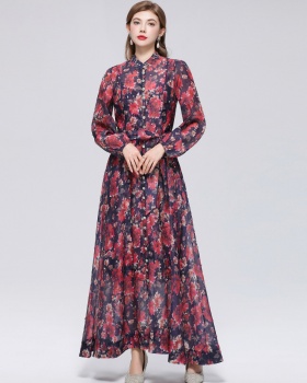 Big skirt cstand collar niche printing dress