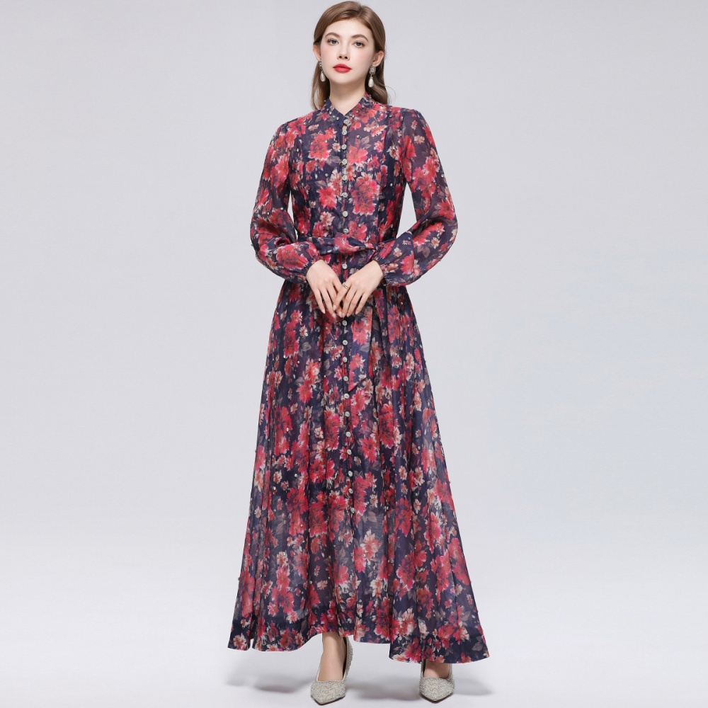 Big skirt cstand collar niche printing dress