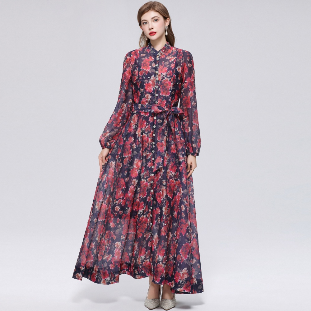Big skirt cstand collar niche printing dress