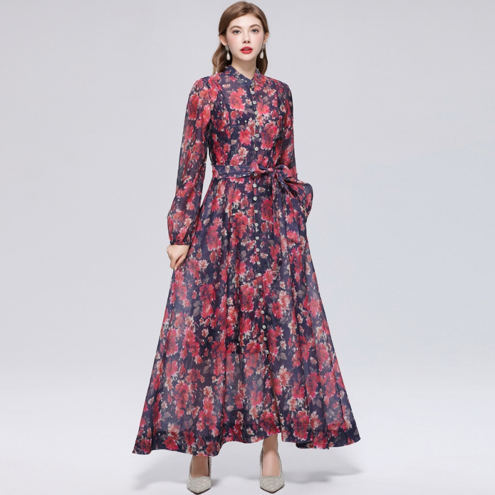 Big skirt cstand collar niche printing dress