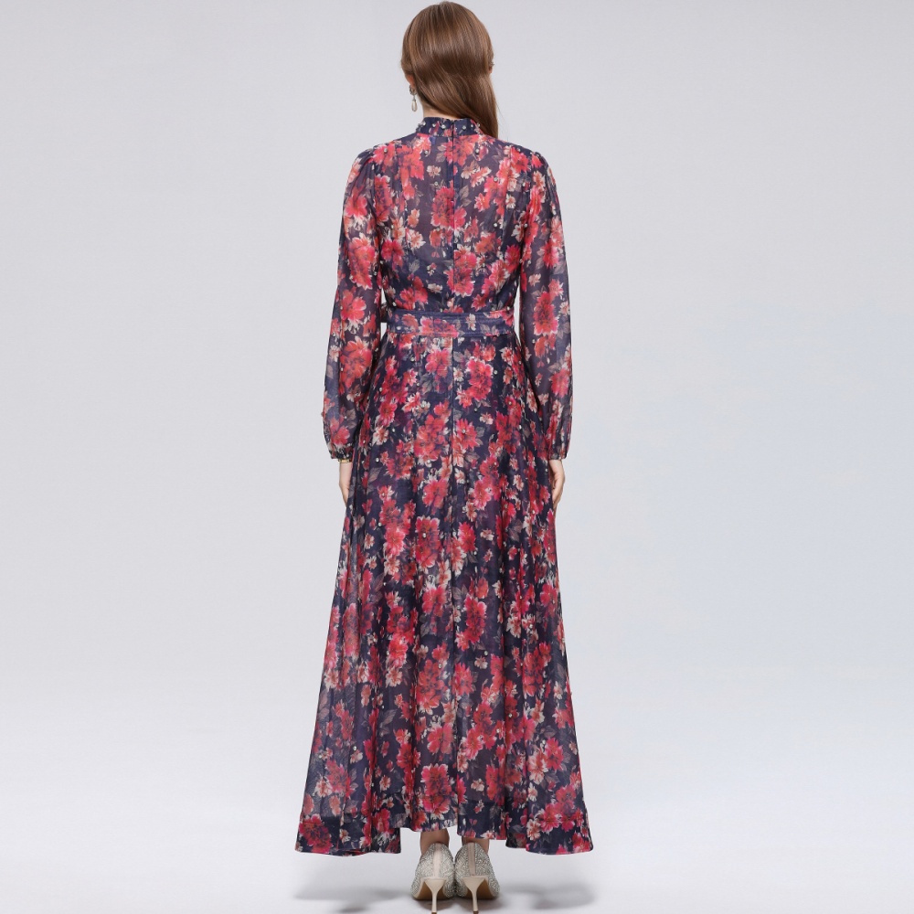 Big skirt cstand collar niche printing dress