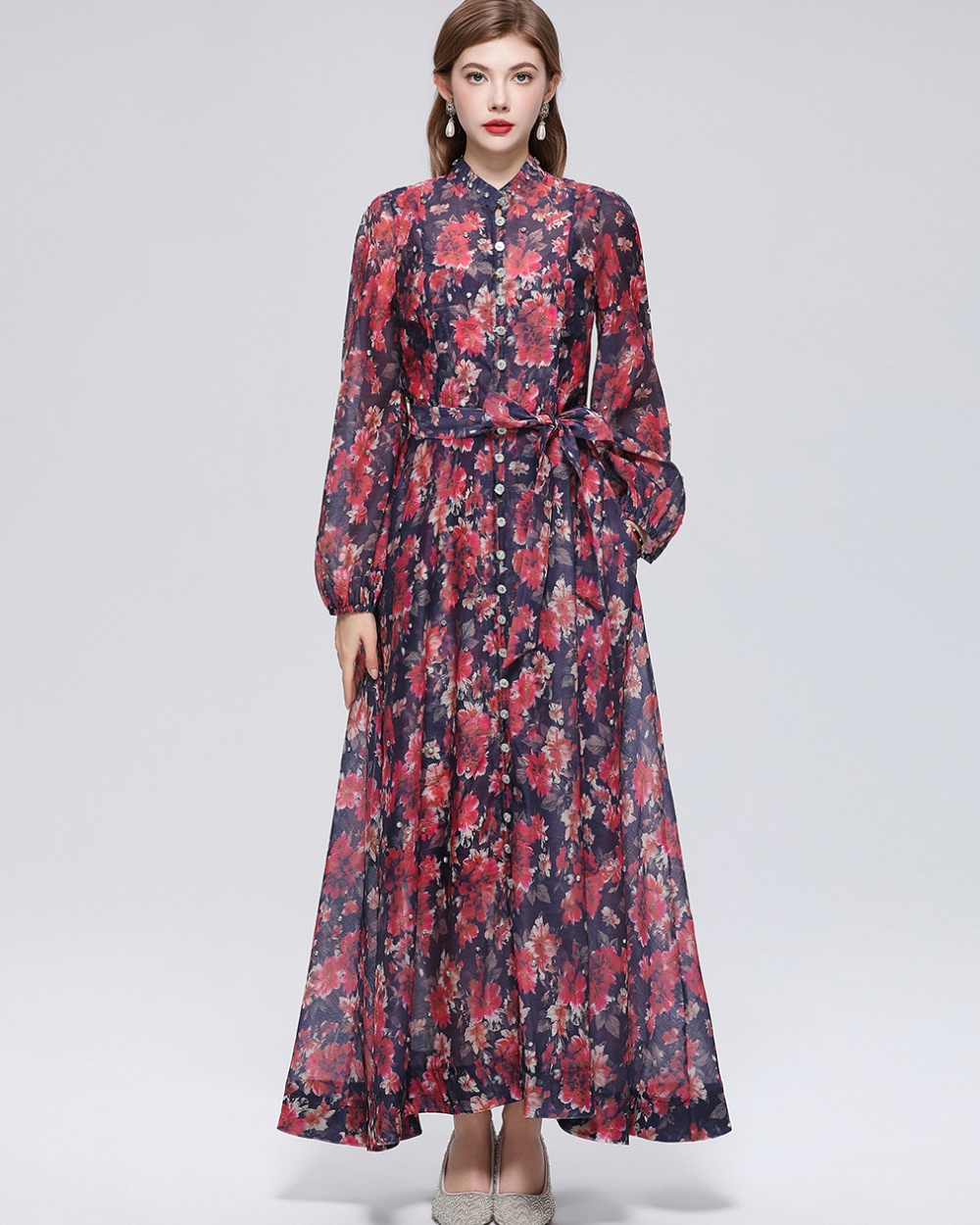 Big skirt cstand collar niche printing dress