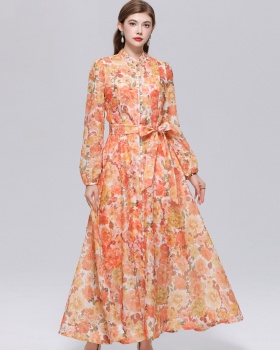 Pinched waist long sleeve niche with sling France style dress