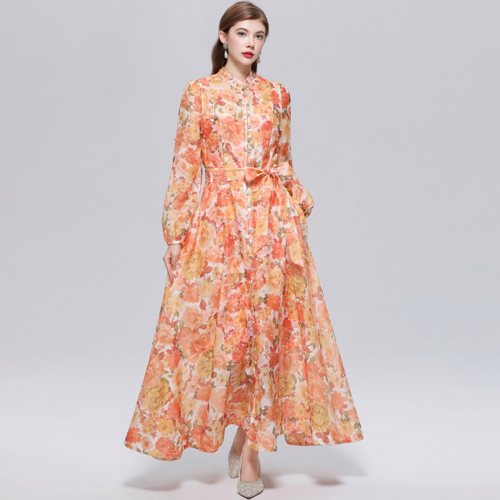 Pinched waist long sleeve niche with sling France style dress