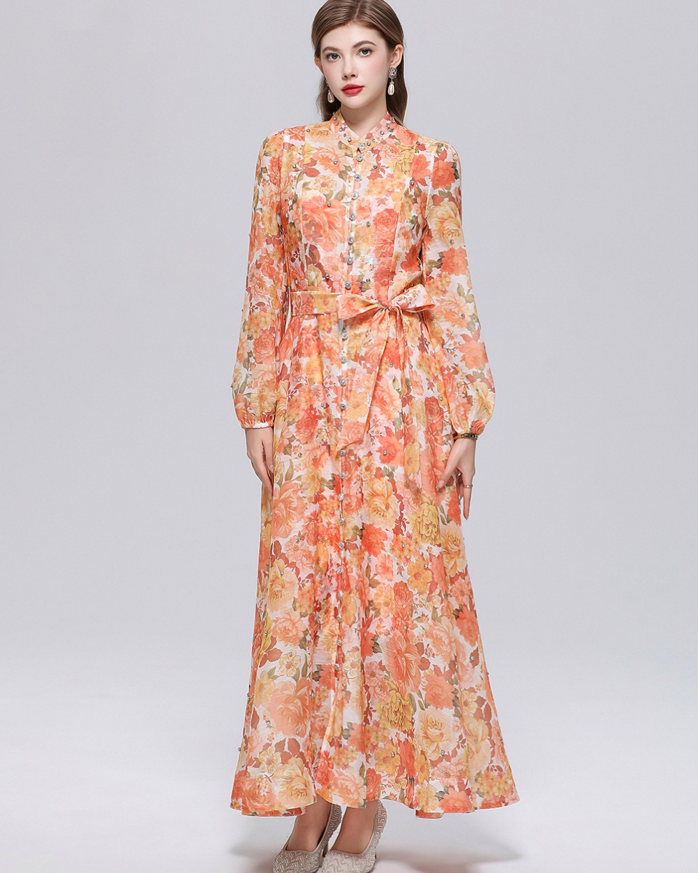 Pinched waist long sleeve niche with sling France style dress