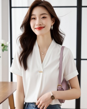 Summer short sleeve tops white chiffon shirt for women