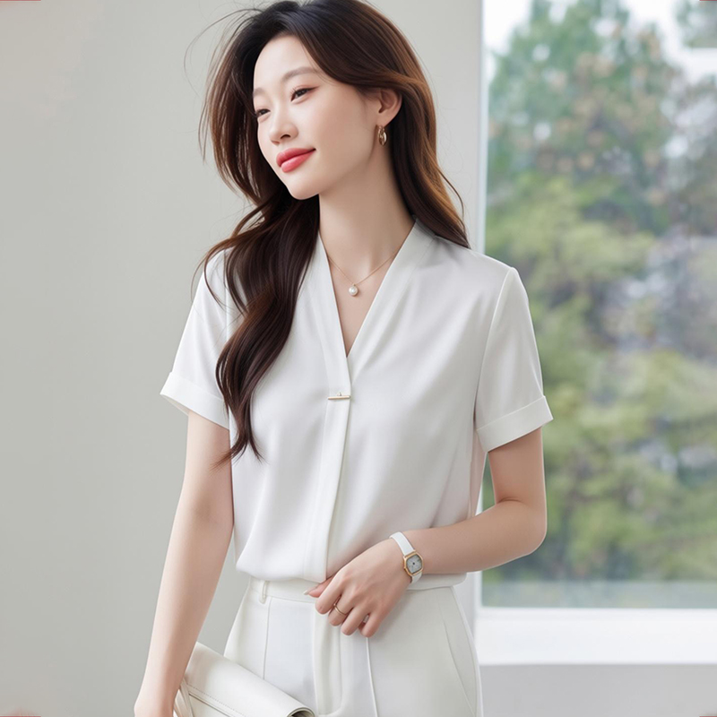 Summer short sleeve tops white chiffon shirt for women