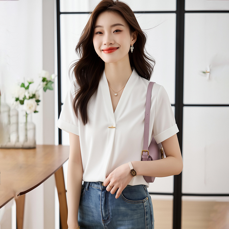 Summer short sleeve tops white chiffon shirt for women