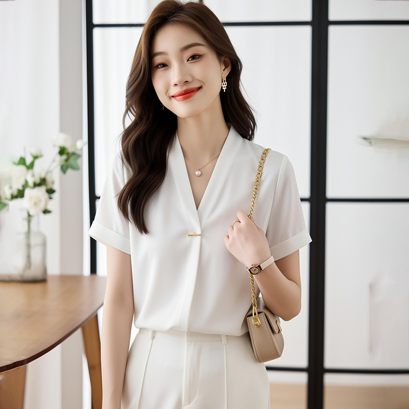 Summer short sleeve tops white chiffon shirt for women