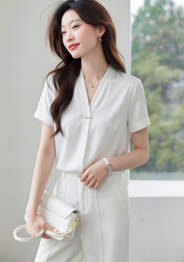 Summer short sleeve tops white chiffon shirt for women